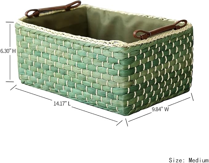 Baskets Woven Maize Straw Storage Bins with Handle (Medium, Green)