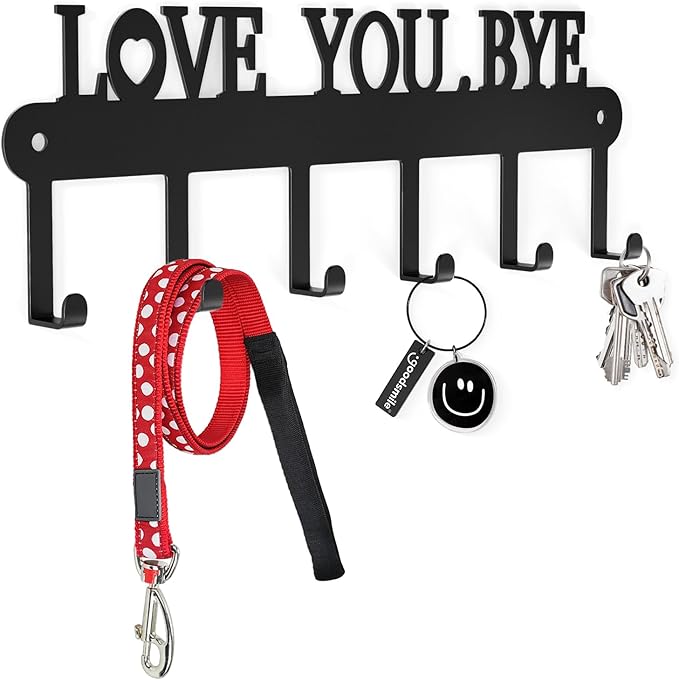 Key Holder for Wall - 'Love You Bye' Key Hooks, Black, 6 Hooks | Key Holder Wall Mount Self Adhesive, Key Rack Wall Mount for Wall No Drill for Living Room, Kitchen, Bathroom, Garage