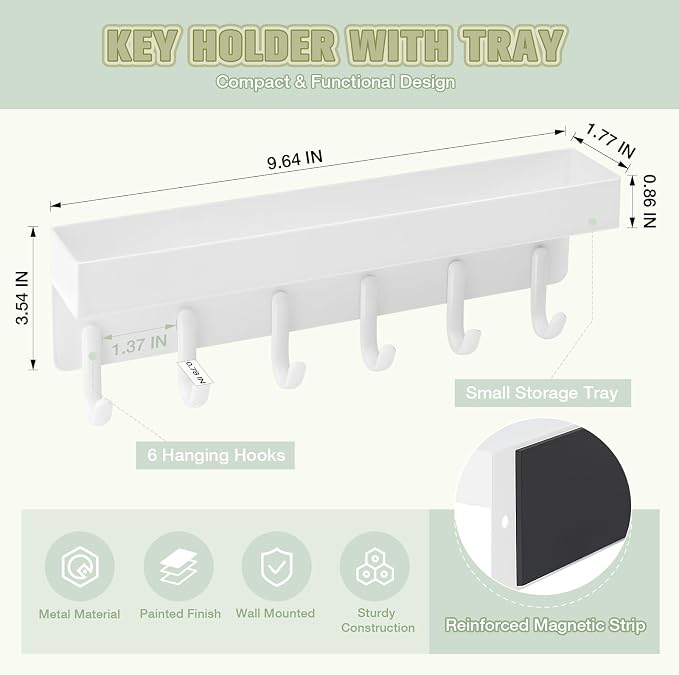 VIS'V Key Holder Wall Mount, Magnetic Key Rack with Tray, 6 Hooks, White | 2 Mount Options, Metal Material, Compact Discreet Design, for Fridge, Kitchen, Entryway, Hallway, Doorway, Garage, Camper