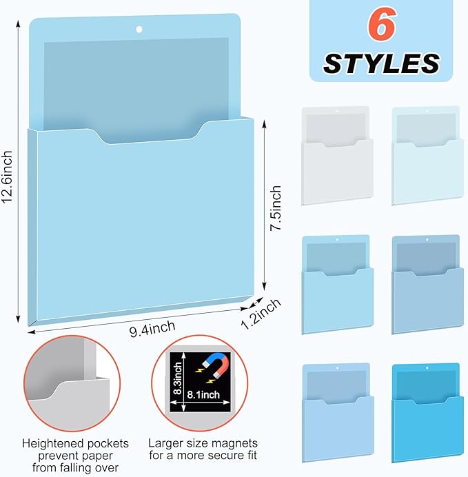 6 Pcs Magnetic Wall File Organizer Magnetic Wall File Holder Refrigerator Magazine Holder for Mail Letters Paper(Ocean Color,Vertical-large)