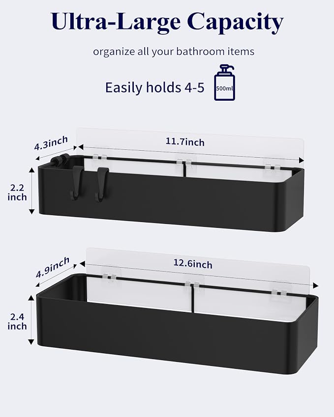 Kitsure Shower Caddy Adhesive, Stylish Shower Organizer, X-Large, Black | 2 Pack Shower Shelf for Inside Shower, 100% Rustproof Metal Shelves, No-Drill Bathroom Organizers and Storage