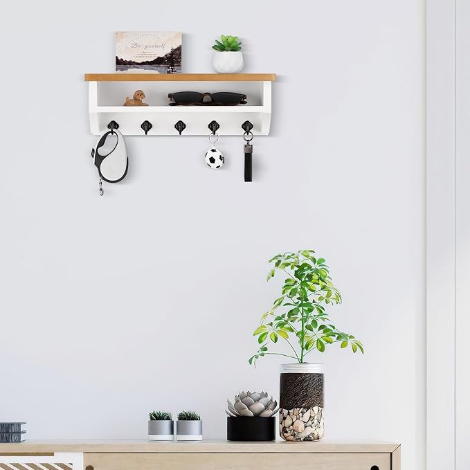 Nekon Key Holder Wall Mount, Wall Organizer Shelf with 5 Key Hooks, Room Decor for Home and Apartment Essentials, Wood and White