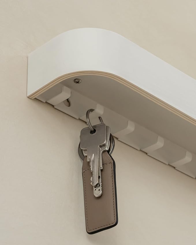 Kazai. Key Holder 'Toke' | Minimalist Key Hook Design from Berlin | Modern Key Holder Wall Mount with Wooden Shelf | Key Rack for Wall as Entryway Organizer | White
