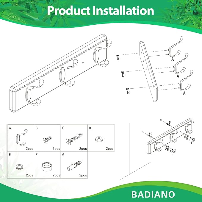 Badiano Wooden Coat Rack, Wall-Mounted Organizer for Closet, Entryway, Hallway, Foyer, Bedroom, Heavy Duty Double Hooks for Hanging Towels, Bags, Hats, Jackets, Key (WhiteBlack, 3 Hooks)