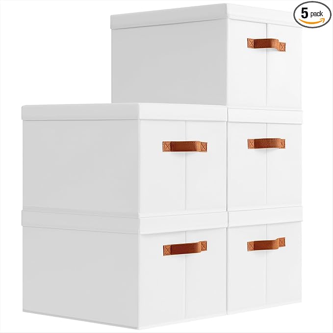 Homsorout Storage Bins with Lids - Large Fabric Closet Bins with Lid, 5 Pack Clothes Organizers and Storage, Collapsible Stackable Cube Basket for Home, Office, Dorm, White