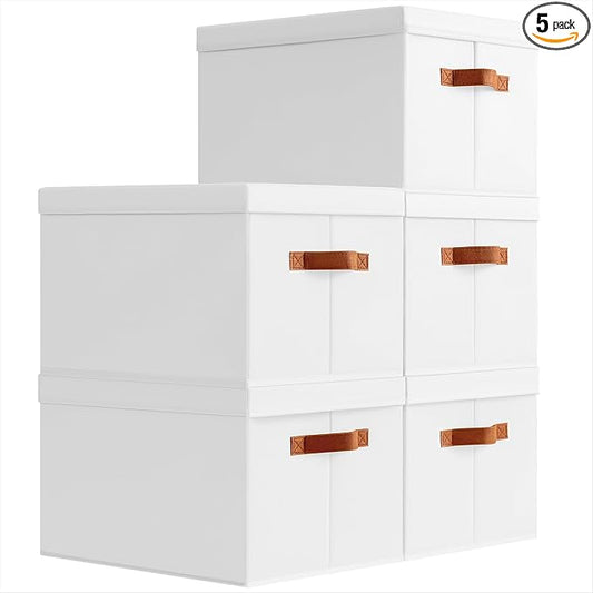 Homsorout Storage Bins with Lids - Large Fabric Closet Bins with Lid, 5 Pack Clothes Organizers and Storage, Collapsible Stackable Cube Basket for Home, Office, Dorm, White