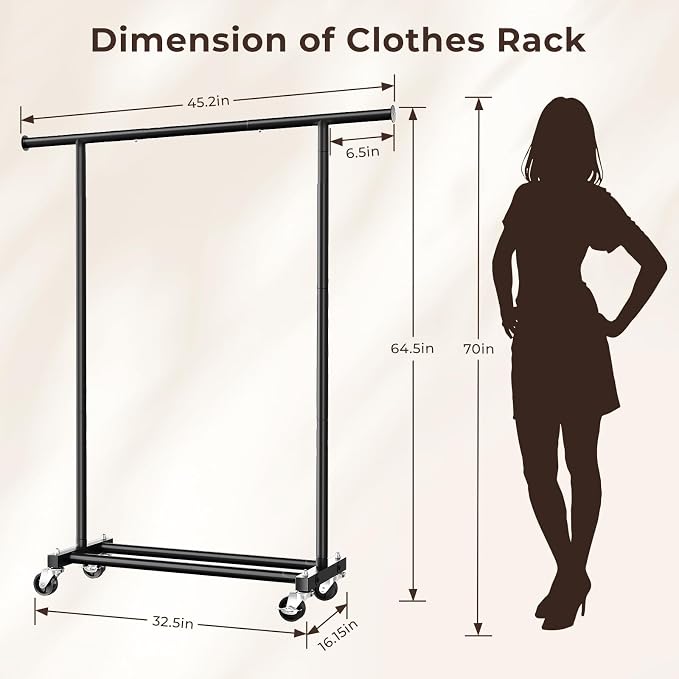 Clothing Rack for Hanging Clothes, 45" Wide Rolling Clothes Rack, Metal Garment Hanger Rack with Wheels, Portable Coat Rack Wardrobe Rack for Bedroom Laundry, Black