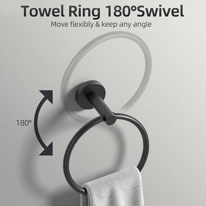 Matte Black Bathroom Hardware Accessories Towel Bar Set 5 Pieces | Stainless Steel Black Towel Rack Set Including 16in Towel Bar Wall Mounted, Toilet Paper Holders, Towel Rings, Towel Hooks