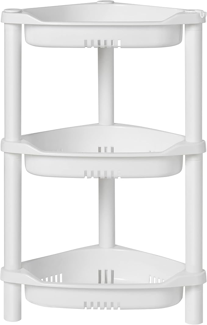 ELYKEN Corner Shower Caddy Standing, 3 Tier Plastic Shower Organizer, White | Rustproof Plastic Shower Shelves with Hook for Storing Bath Essentials in Bathroom corner, Bathtub