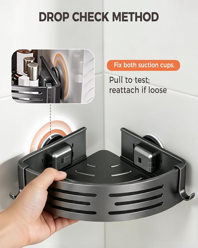 Conworld Corner Shower Caddy Suction Cups, No-Drilling Corner Shower Shelf | 1. No Drilling, No Wall Damage 2. Aluminum, Rustproof 3.Suitable for Ceramic Tiles and Glass Walls