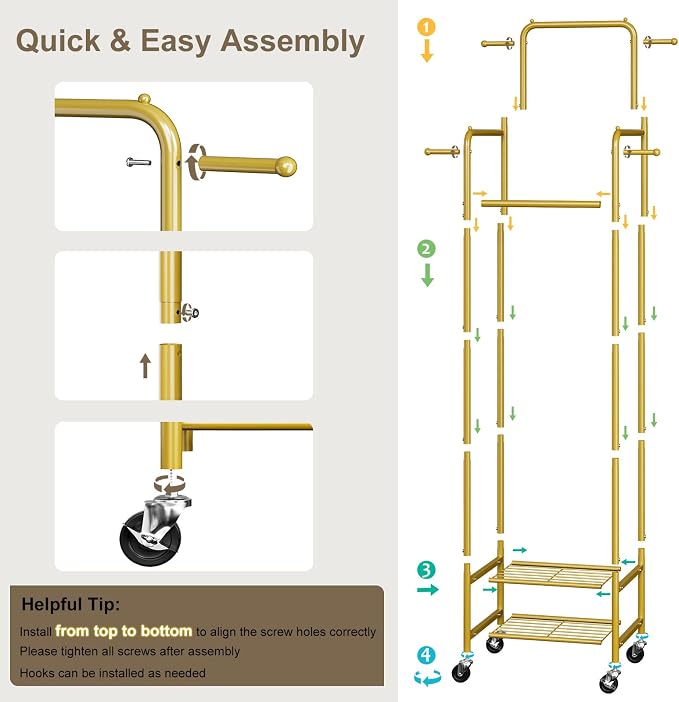 Small Gold Clothing Rack with Wheels, Narrow Clothes Rack with 2 Shelves | Gasvadivum 71" Tall Sturdy Metal Rolling Garment Rack with 4 Hanging Rods & 4 Hooks, Portable Coat Rack for Bedroom, Bathroom