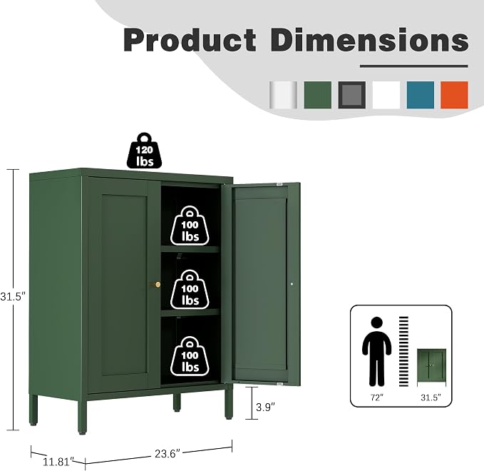Bevivog Small Bathroom Storage Cabinet, Green Metal Locker Cabinet with 2 Doors and 2 Adjustable Shelves, Metal Floor Cabinets Sideboard for Home Office, Living Room, Hallway, Entryway