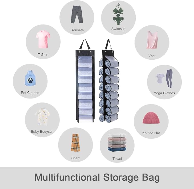 DHSFKBE Legging Organizer Storage - 2PCS T Shirt Organizer, Hanging Closet Organizers and Storage with 16 Roll Independent Compartments for Yoga Pants, Towel, Bathing Suit (Black)