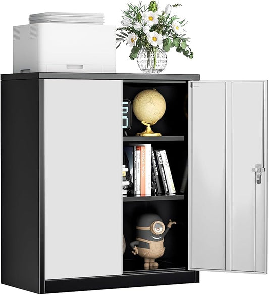 INTERGREAT Metal Garage Storage Cabinet, 36" Locking Counter Cabinet with 2 Locking Doors and 2 Adjustable Shelves, Small Steel Cabinet for for Home Office, Gym, School(New Grey)