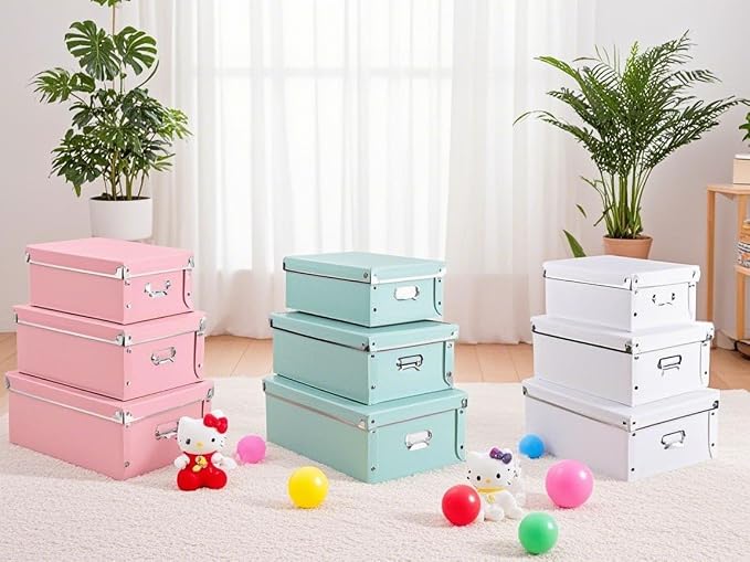 XUCHUN File Storage Boxes, Foldable Storage Bins with Lid 3 in 1 Set, Press-Stud Fastening, Moisture-Proof, Space Saving Storage, Photoes, Files, Closets