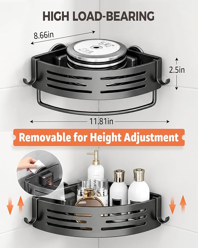 Conworld Corner Shower Caddy Suction Cups, No-Drilling Corner Shower Shelf | 1. No Drilling, No Wall Damage 2. Aluminum, Rustproof 3.Suitable for Ceramic Tiles and Glass Walls