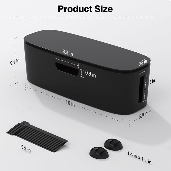 Cable Management Box - Large Cord Organizer Box to Hide Power Strip & Under Desk, TV Computer Wires Cable Organizer Box with Baby Proofs, Desk Cord Organizer for Home/Office - Black