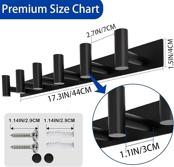 Matte Black Coat Rack Wall Mount - 6 Hooks, Heavy Duty Stainless Steel Wall Hooks for Towels, Coats, Robes, Bags, Hats, Keys, Wall Coat Hanger for Bathroom,Entryway,Kitchen,Hotel,Bedroom,Office, 2Pack
