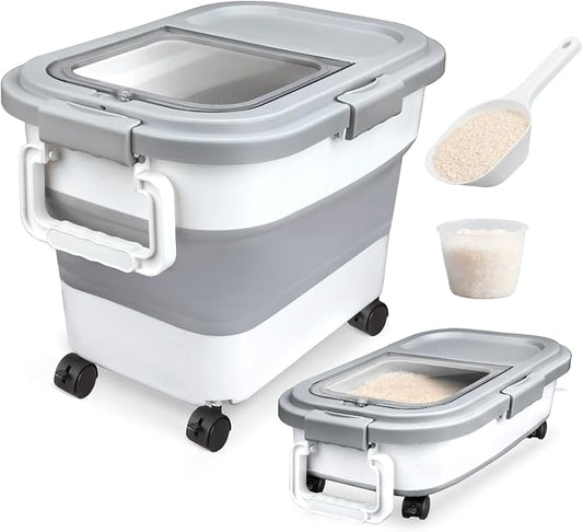 Rice Storage Container, Collapsible Airtight Food Storage Containers 20-30 Lbs, Rice Dispenser Bin with Cup and Scoop for Flour Cereal Pasta Grain, Cat Bird Pet Dog Food Storage Container
