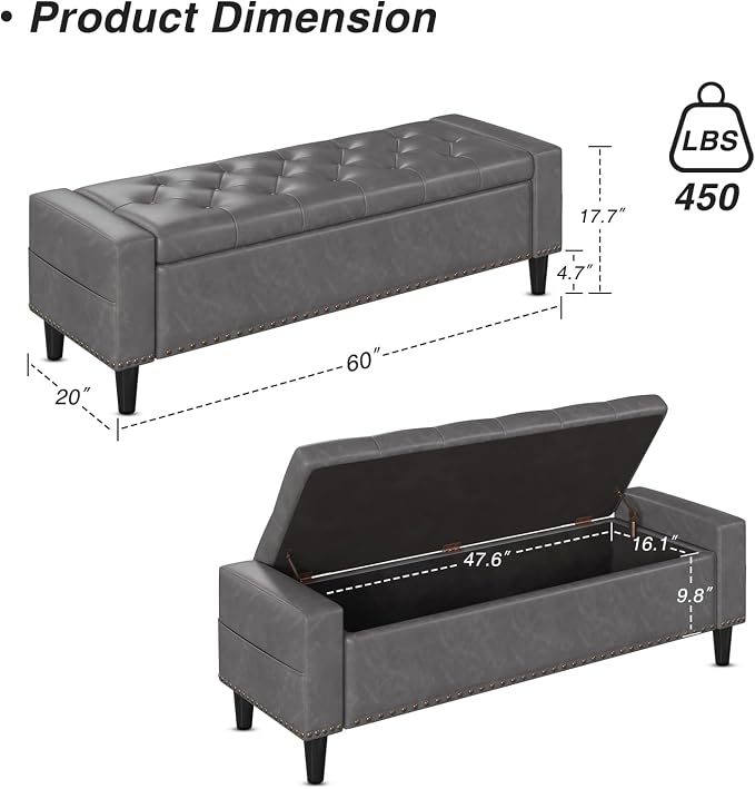 60" Storage Ottoman Bench, Faux Leather Upholstered Bed Bench with Tufted Buttons and Nailhead Trim, Large Ottoman with Storage for King Size End of Bed, Bedroom, Entryway, Hallway (Grey)