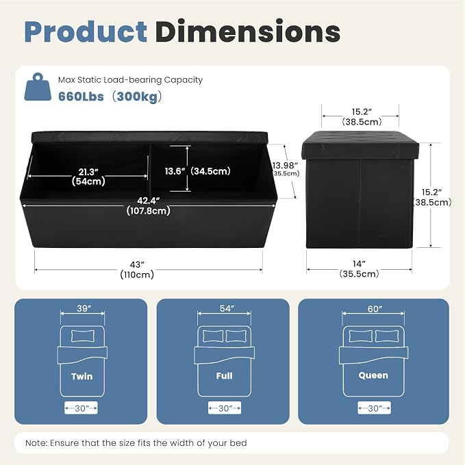 DUMOS 43 Inch Folding Ottoman with Storage Bench, Foot Rest Stool Ottoman | Upholstered End of Bed Storage Bench, Storage Ottoman Loads 660 Lbs for Bedroom, Living Room, Synthetic Leather, Black