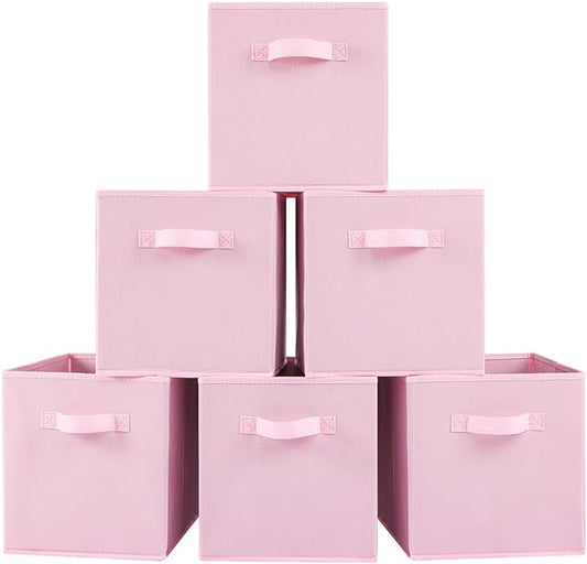 Stero Fabric Storage Bins 6 Pack Fun Colored Durable Storage Cubes with Handles Foldable Cube Baskets for Home, Kids Room, Closet and Toys Organization Pink