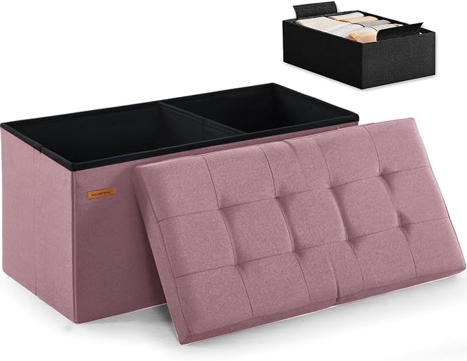 HAUSFRAU Ottoman with Storage Bench Folding Foot Rest Stool Linen Nude | 31.5", Flip Lid, Small Upholstered Foldable Footrest Footstool, Bedroom Bench, Living Room Dorm Ottoman, Rectangle