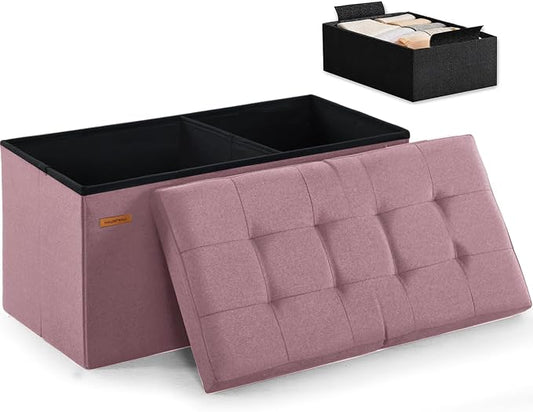 HAUSFRAU Ottoman with Storage Bench Folding Foot Rest Stool Linen Nude | 31.5", Flip Lid, Small Upholstered Foldable Footrest Footstool, Bedroom Bench, Living Room Dorm Ottoman, Rectangle