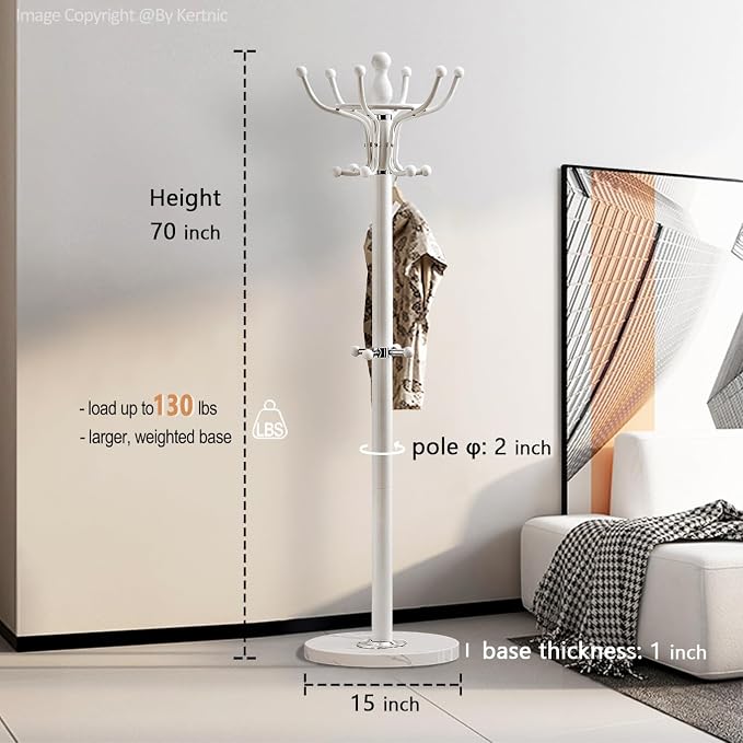 Kertnic Freestanding Coat Rack with 16 Hooks & Marble Base - Heavy Duty Metal Hall Tree Stand for Entryway, Hats, Coats, Bags Rack- Modern Hanger Organizer for Home, Office, Dorm (16 hooks -White)