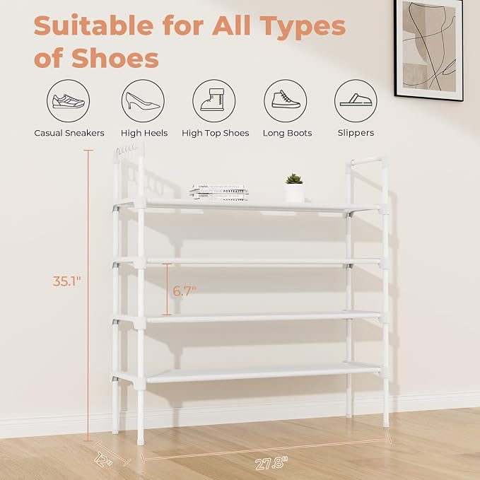 LANTEFUL 4 Tier Shoe Rack for Closet Shoe Organizer with 5 Hooks, Long Shoe Shelf Storage for Shoe and Boot Stackable Free Standing Shoe Rack for Entryway, Garage, Small Spaces, Dorm, White