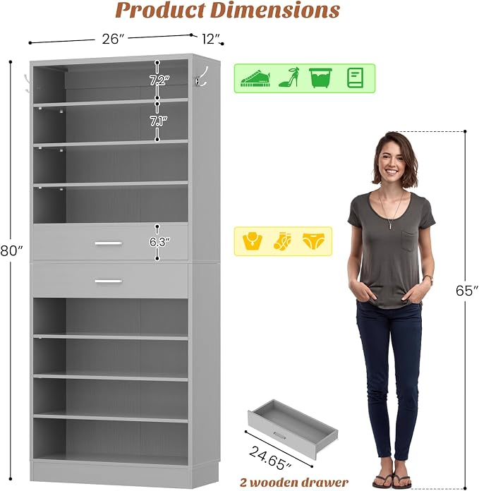 Aheaplus Tall Shoe Cabinet, 10 Tiers Wood Shoe Rack, Vertical Shoe Storage Organizer with 2 Drawers, Narrow Shoe Shelf Tower for 24-28 Pairs, Space Saving, for Closet, Entryway, Bedroom, Grey
