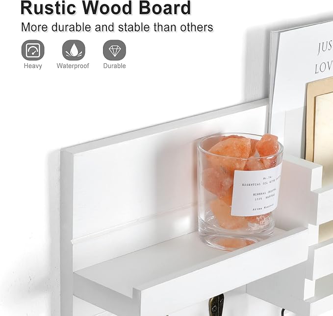 Lwenki Mail Organizer for Wall Mount – Key Holder with Shelf Includes Letter Holder and Hooks for Coats, Dog Leashes – Rustic Wood with Flush Mounting Hardware (16.5” x 8.7” x 3.5”)