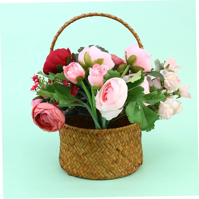 Seagrass Woven Storage Basket Toy Storage Straw Woven Basket Handles Succulent Planter Knitted Flower Desktop Decoration