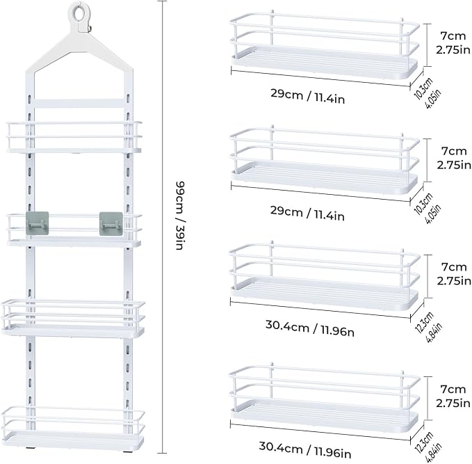 ODesign 4 Tier Adjustable Shower Rack Hanging Over Head Anti-Swing White | Shower organizer hanging,no drilling required,comes with removable hook and storage box, suitable for indoor showers