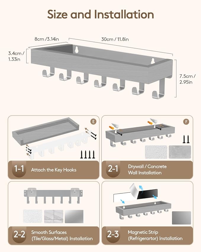 Key Holder Wall Mount Magnetic Adhesive - Key Hooks Rack with shelf | Key Hanger with Mail Organizer for RV Camper Fridge Living Room Decor, Home Essentials, Large Grey