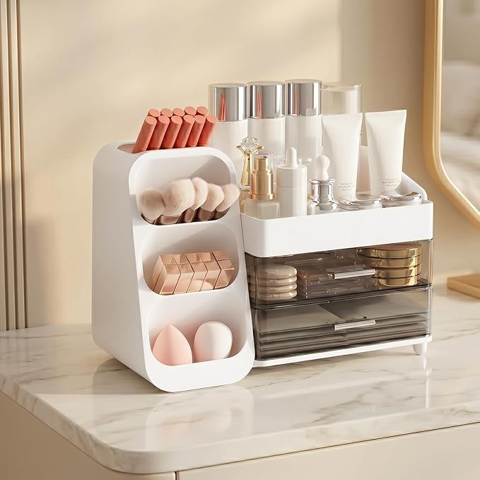 Makeup Organizer for Vanity with Brush Holder and 2 Drawers, White | Large-Capacity Makeup Holder Organizes Skincare, Cosmetics and Daily Beauty Products for Tidy Vanity and Bathroom Counters