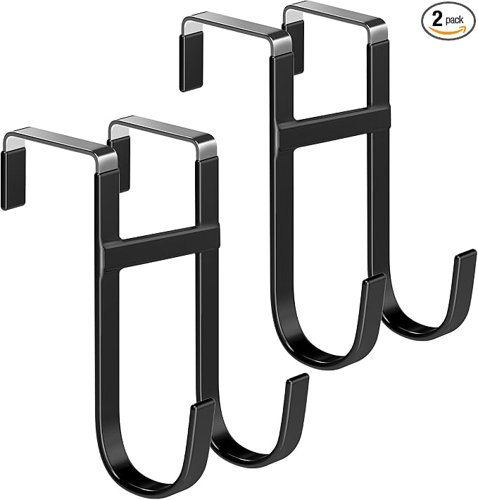 Double Over Door Steel Hooks 2 Pack Fit 1-3/8" Door 5.5" Black | Plastic Coated Rubber Feel Towel Rack Robe Coat Shoe Wreath Hanger No Damage No Scratch for Bathroom Heavy Duty Thin Top