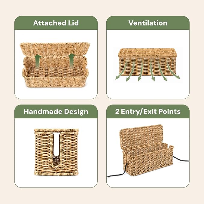 Cable Management Box, Handmade Rattan Cable Organizer with 2 Open Slots, Cord Hider for Power Strip, Router & USB Hub, Registered U.S. Design Patent (D1,112,102), 13" x 5.1" x 5.1", Natural