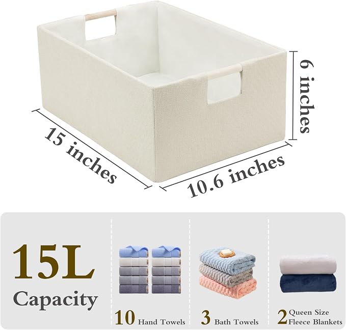 Foldable Fabric Storage Baskets Set of 2 for Shelves, Linen Decorative Storage Bins with Wooden Handles, Small Organizer Cubes for Closet, Rectangle Canvas Boxes for Organizing, Decor (Beige 2 Pack)