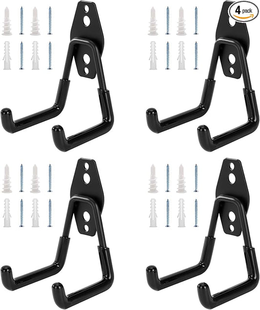 4 Pack Garage Hooks Heavy Duty, Garage Tool Organizer Wall Mount | Utility Organizer, Steel Utility Storage Hooks for Ladders, Garden Tools, Bike, Ropes, Bulk Items