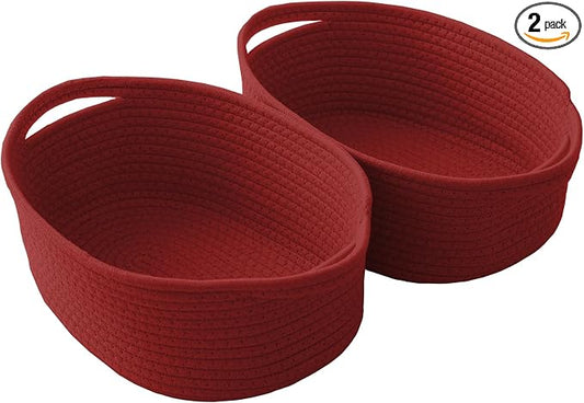 JMvicyroam Small Woven Basket, Empty Gift Basket, Red/2 Pack | Small Gift Basket, Cotton Rope, 12 x 8 x 22 in, Handles, Includes Ribbon and Bag, Birthday Gift Basket