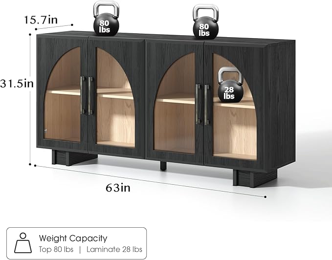 JOINICE 63” Sideboard Buffet Cabinet with Storage for Dining Room,Black | Modern Accent Console Cabinet with Arched Glass Doors,supports up to 100 lbs,Adjustable Shelves,for Kitchen,Entryway