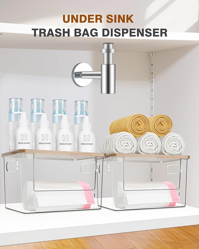 Trash Bag Dispenser 2 Pack - Under Sink Organizer, Plastic Bag Holder | Stackable Acrylic Garbage Bag Storage with Bamboo Lid for Kitchen Cabinet, 13/30/33 Gallon Grocery Bag Dispenser