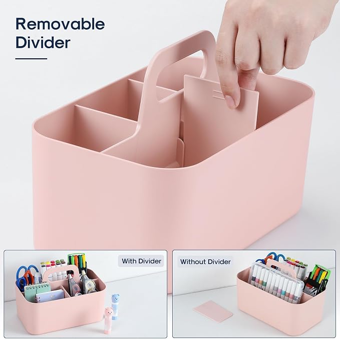 Multiuse Caddy Organizer with Handle, Portable Divided Plastic Tote Bin - Art Craft, Stationary Pen Marker Crayons, Makeup Hair Supplies Storage - Bathroom, Classroom, Dorm, Office, Desk Holder - Pink