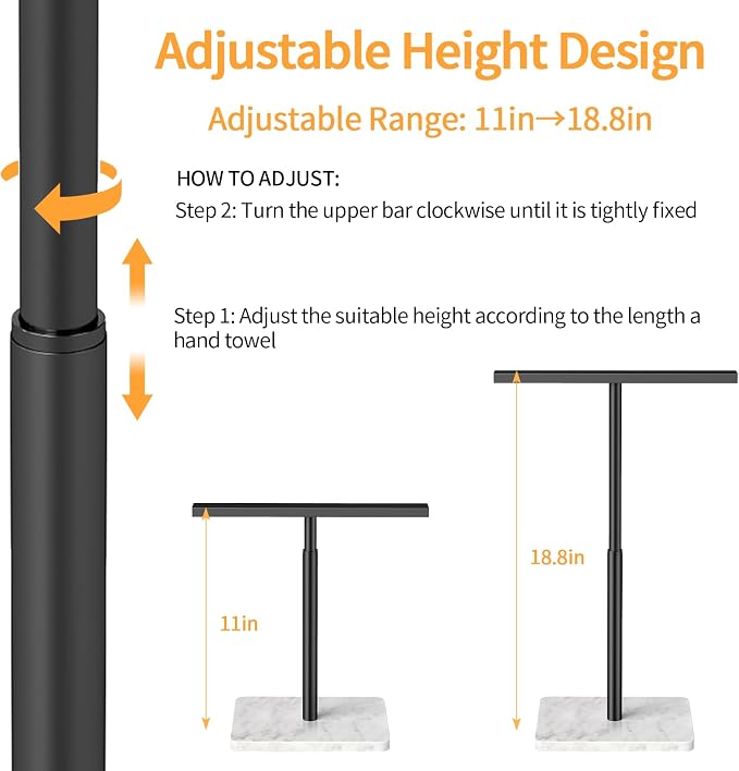 STWWO Hand Towel Holder for Bathroom, Towel Rack Stand Kitchen & Countertop 11~18.8IN Adjustable Retractable T-Shape, Marble Base Matte Black