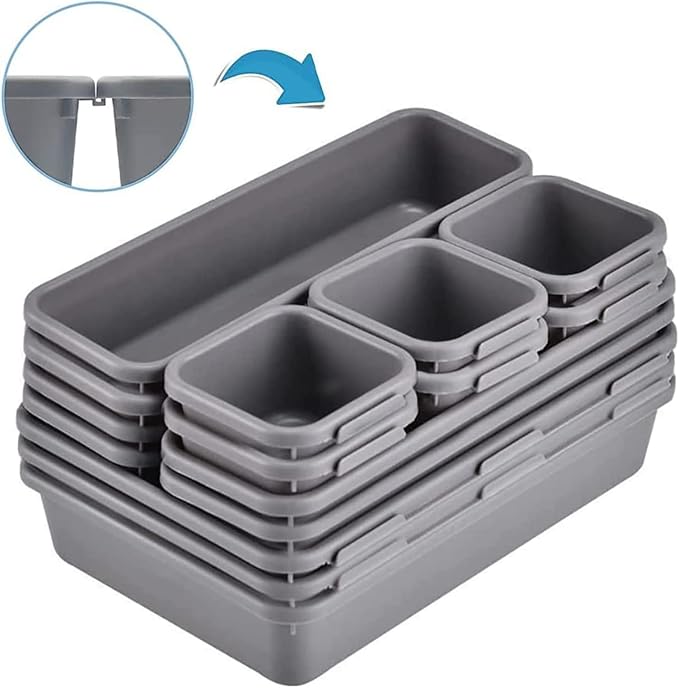 Kutesna 15PCS Interlocking Drawer Organizer, Plastic Desk Organizers Set | 3-Size Versatile Storage Bins,BPA-free, Non-slip, Fits Any Drawer for Cosmetics, Bathroom, Tools, Kitchen and Office