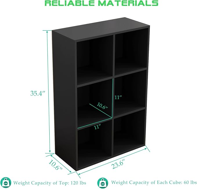 OSCHF 6-Cube Storage Shelf Bookcase, Black | Wooden 3-Tier Open Bookshelf, Fits 11×11" Bins, Vertical or Horizontal Use, Full Back Panels, For Home Office