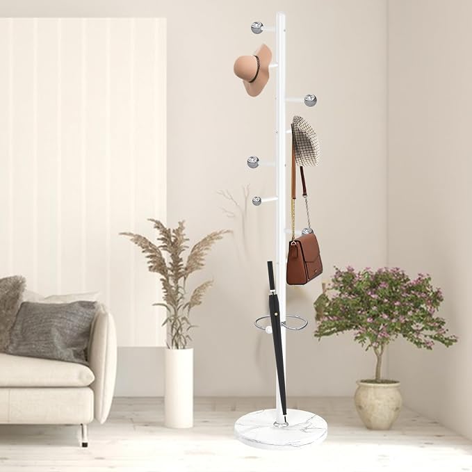 Coat Rack Stand, White Metal Coat Rack Freestanding with 8 Hooks | Coat Rack with Natural Marble Base,Modern Coat Hanger Stand, 3 Adjustable Coat Clothes Tree Stand for Office
