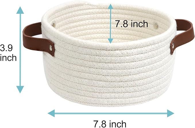 Small Woven Cotton Rope Basket with Leather Handle | Cute Mini Round Storage Basket, Empty Gift Basket, Nursery Toy Organizer, Decorative Shelf Bin, Boho Room Decor