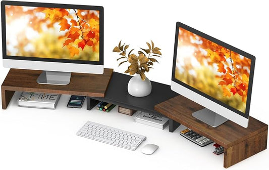 TAVR Dual Monitor Stand Riser, Wooden Computer Monitor Stand for 2 Monitors | Extra Long Multifunctional Desktop Organizer Riser for TV, PC Monitor, Laptop, Printer, Max 43.3" Length, Rustic Brown